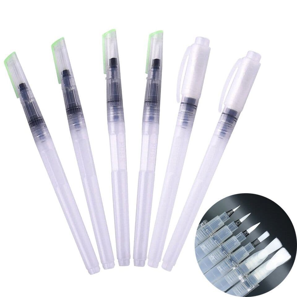 Asint Water Brush Pen- Set of 6pcs (3 Round Tip, 3 Flat Tip)
