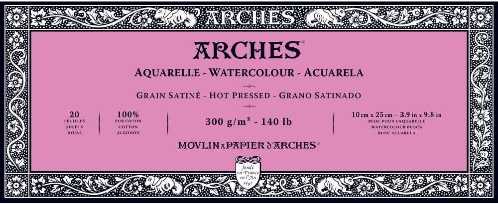 Arches Watercolor Block 300gsm Hot Pressed- 10x 25cm, Wood White