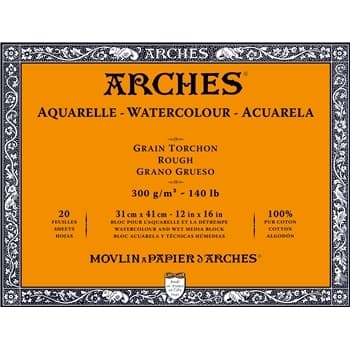 Arches Watercolor Aquarelle-31x 41cm, Natural White Rough Grain, 300 GSM, Paper, 20 Sheets, 4 Side Glued
