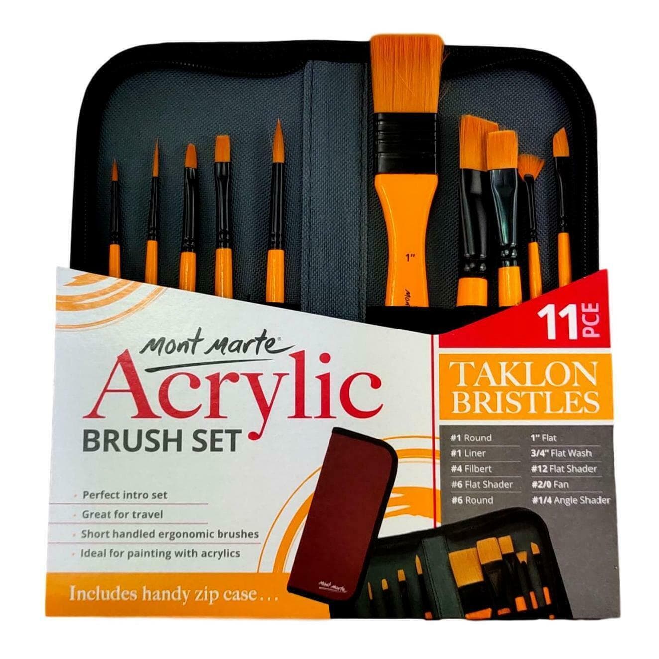 Mont Marte Paint Brush Set - Acrylic Taklon Bristle In Wallet 11pc