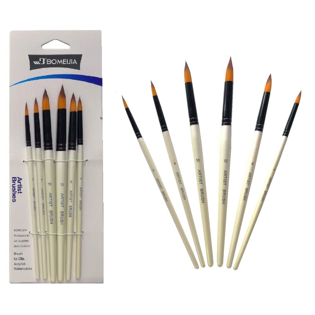 Bomeijia 6 Pieces Professional Fine Tip Paint Brush Set Round Tip Nylon Hair Artist Acrylic Brush for Acrylic Watercolor Oil Painting