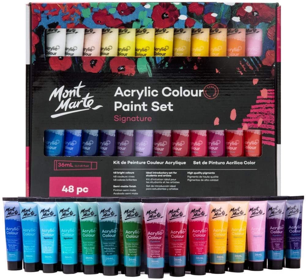 Mont Marte Signature Acrylic Paint Set (48 Colors x 36 ml Tubes, Semi-Matte Finish)