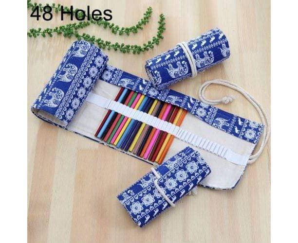 51 Slots Ethnic Elephant Print Pen Bag Canvas Pencil WRAP ROLL UP Pencil CASE Stationery
