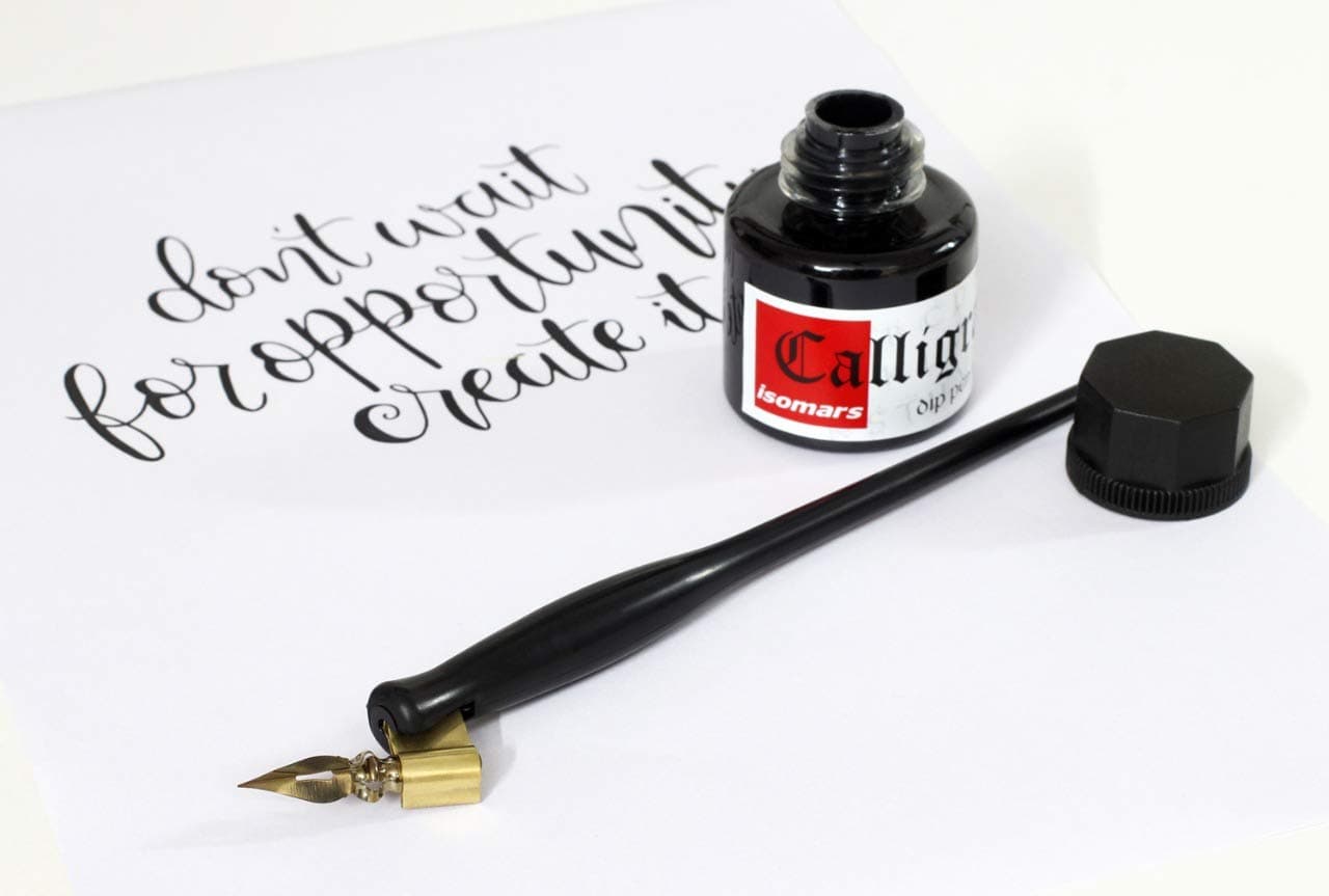 Isomars Oblique Dip Pen Holder with Brass Flange Flex Dip Nib and Black Ink 35ml