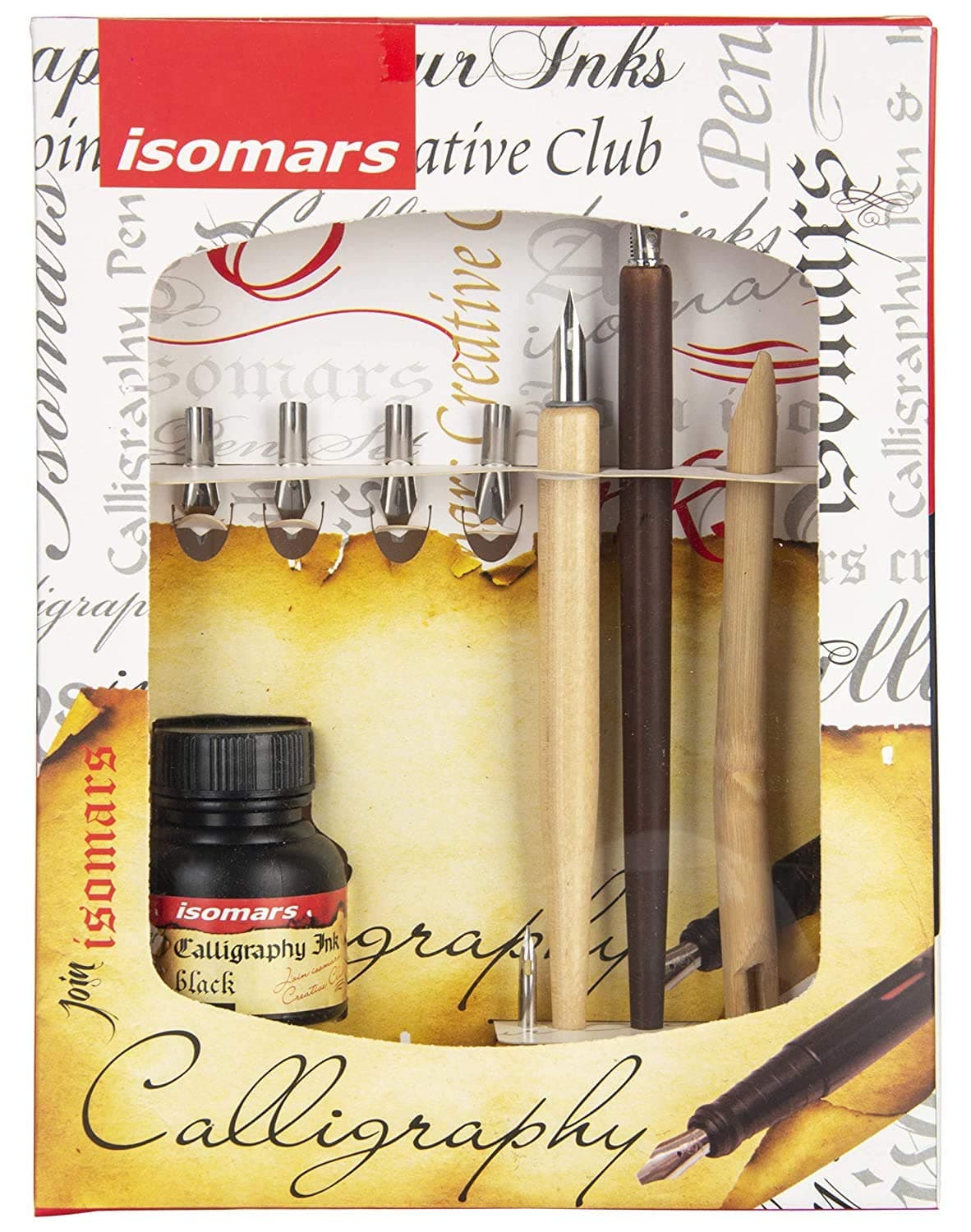 Isomars Calligraphy Pen Set For Copperplate Calligraphy with Dip Nibs & Flex Nib, Holders Wooden and Calligraphy Ink
