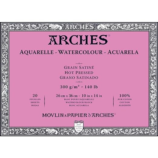 Arches Watercolour- Aquarelle - 26 cm x 36 cm Natural White Satin Grain/Hot Press 300 GSM Paper, 20 Sheets