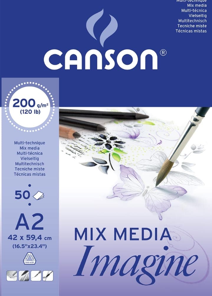 Canson Mix Media Imagine Pad- A2, 200gsm, 50 Sheets, Short- Side Glued, (Size 42 x 59.4cm)