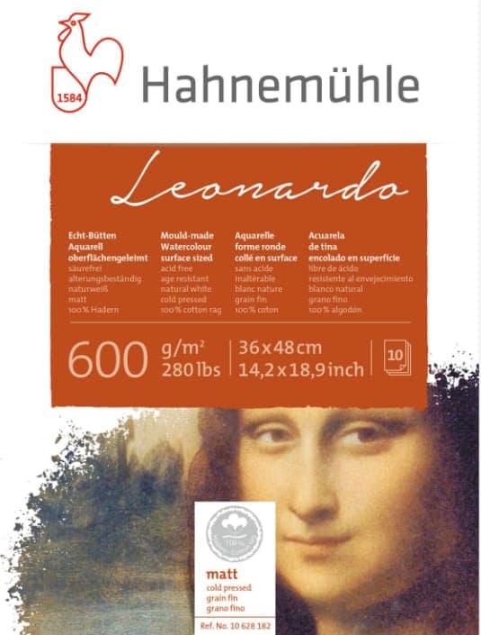 Hahnemuhle "Leonardo" Watercolor Block (Matt, 600gsm, 36 x 48cm,10Sheets)