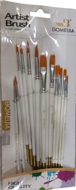 Bomega Artist Watercolour Round & Flat Brush white handle Set of 12 Pcs